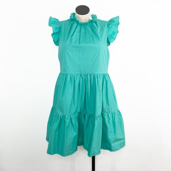Tahari Arthur S. Levine Tiered Mini Dress Turquoise Preppy Peasant Beach Size 12 - Picture 1 of 8